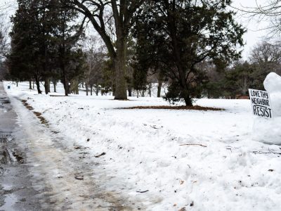 Snowman with Protest Sign in Powderhorn Park, Minneapolis