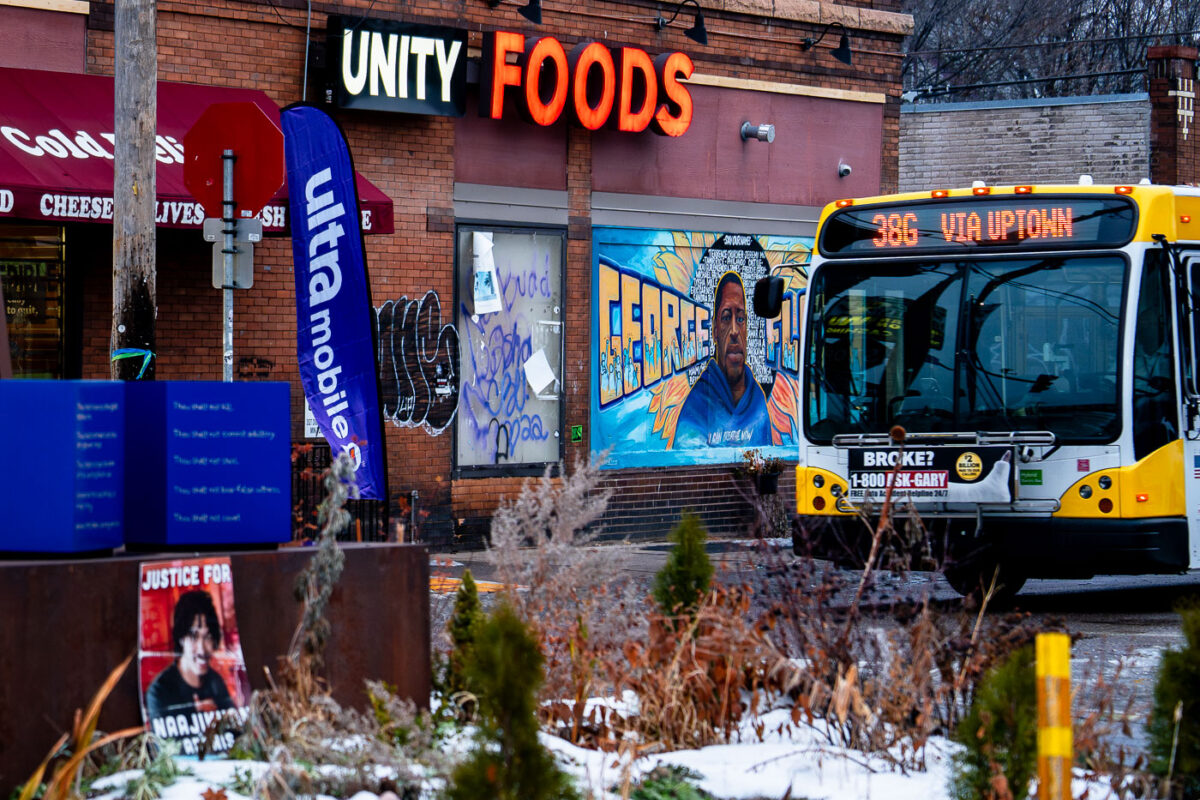 Metro Transit bus drives down 38th Street at George Floyd Square.The area continues to be as place of protest since the May 2020 murder of George Floyd.