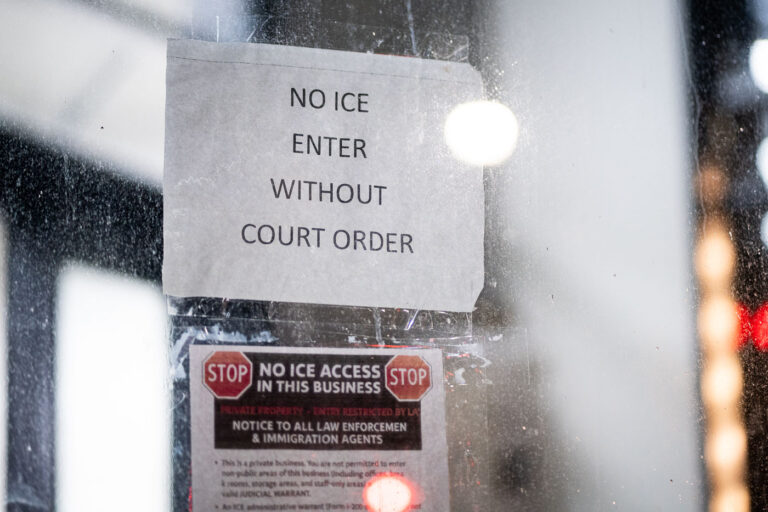 NO ICE signage in Minneapolis 1 A notice on a Lake Street business directed at ICE agents.