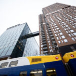 Northstar Train and North Loop Green 2 A Northstar Train below the North Loop Green buildings in Downtown Minneapolis.