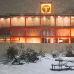 Snow Falling Over New Minneapolis Train Station 3 Really pretty snow tonight in Minneapolis. Here's the new West Lake Street train station, with the orange still continuing to grow on me. I'm not there yet.. but getting closer.