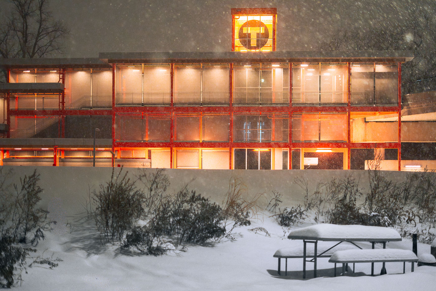 Snow Falling Over New Minneapolis Train Station