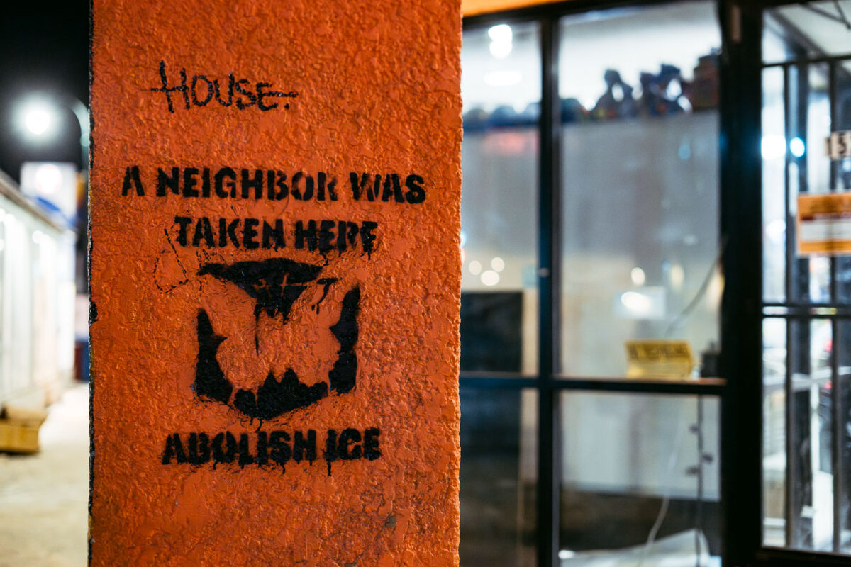 "A neighbor was taken here" "Abolish ice" stamp seen at Lake Street and Bloomington Avenue.