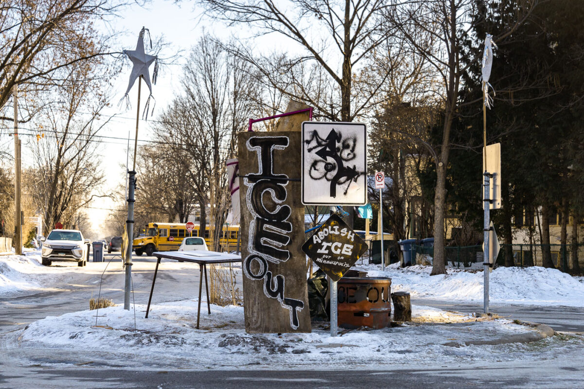 A roundabout in Minneapolis with Anti ICE protest signs. Seen in Minneapolis on January 29, 2026.