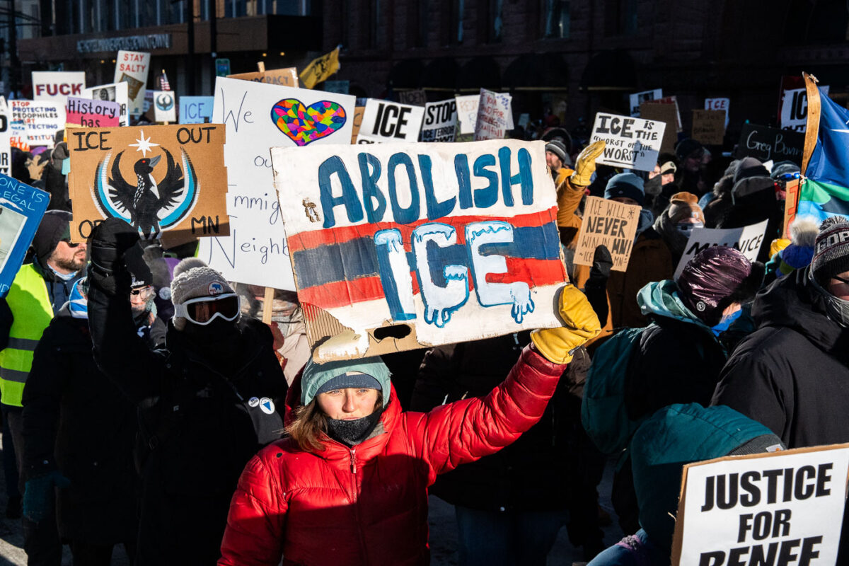 Thousands march through downtown Minneapolis on January 23, 2026. Marching through -30F windchills, they are protesting the actions of federal agents that have been deployed to the city since December.