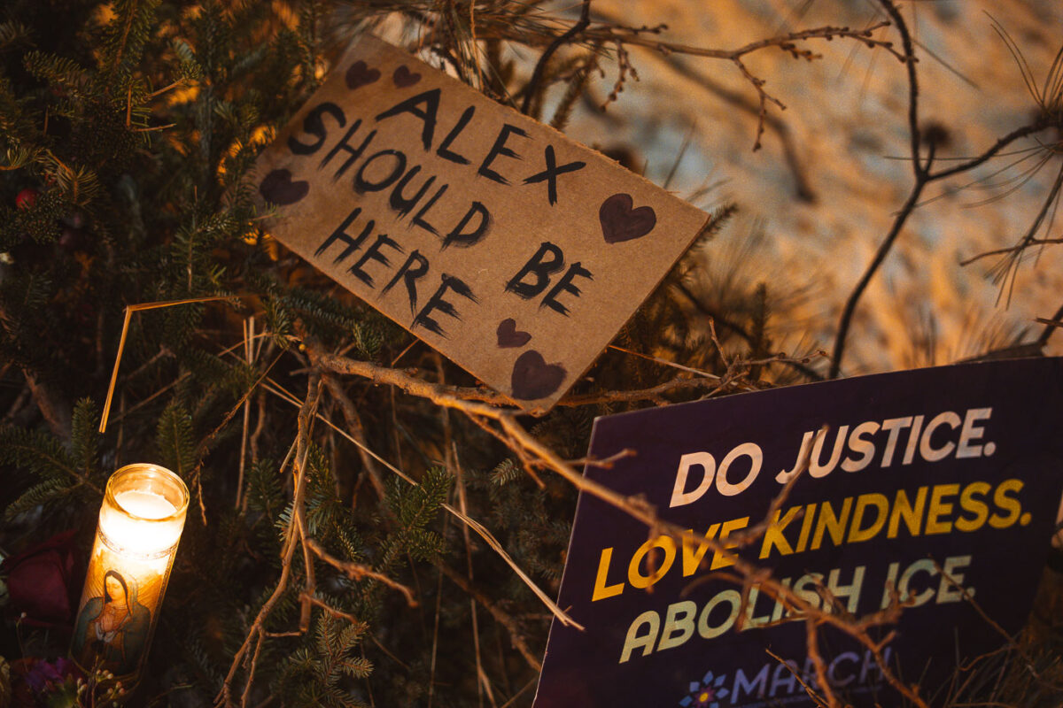 At the memorial of Alex Pretti who was shot and killed by Border Patrol officers earlier in the day in Minneapolis on January 25, 2026.