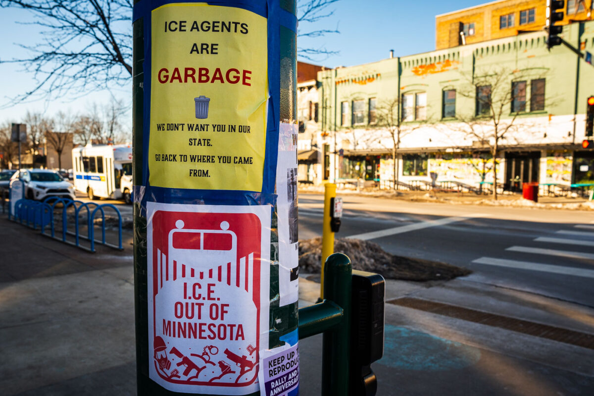 Protest flyers on utility poles around Lake Street and Lyndale Ave in South Minneapolis on January 14, 2026.They read:ICE AGENTS ARE GARBAGEWe don’t want you in our state.Go back to where you came from.I.C.E. OUT OF MINNESOTA