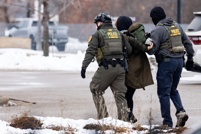 Border Patrol arrests protester at Whipple Building 1 Border Patrol officers take away a protester at the Whipple federal detention center just outside of Minneapolis on January 8th, 2026.