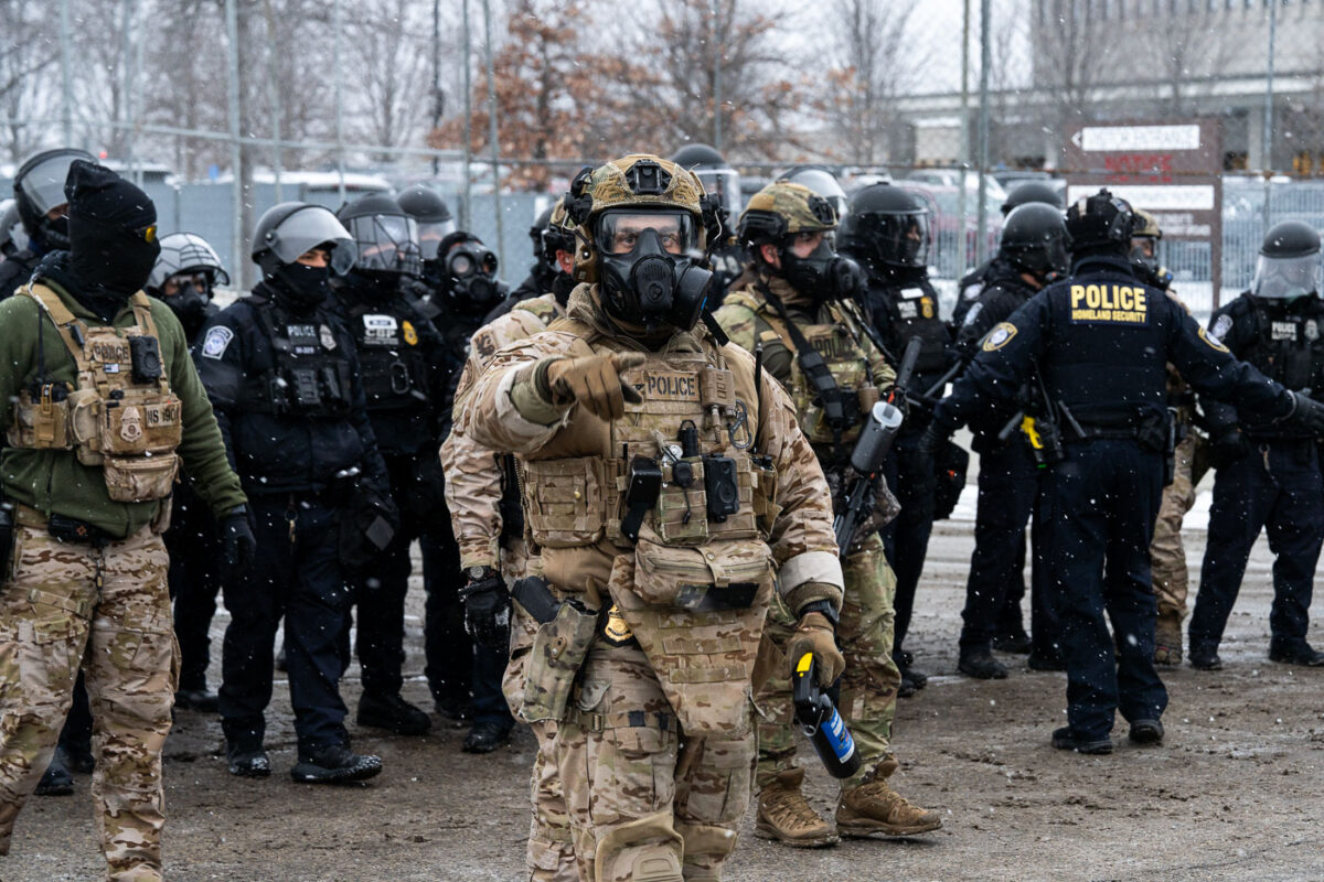 A US Border Patrol SRT officer at the Whipple Building in Minneapolis on January 16, 2026.