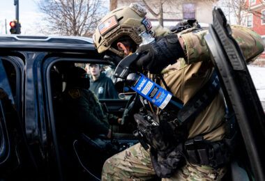 SABRE pepper spray can held by a BORTAC Border Patrol officer.

In Minneapolis, federal agents ram a man's vehicle at Park and 35th street and demand identification. The Latino man was let go once they realized he was a US citizen.