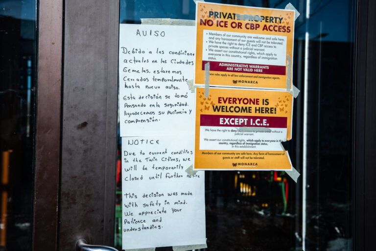 Minneapolis Restaurant Closed Due to ICE Activity 1 Signs on the door of Los Ocampo restaurant in Minneapolis announce its temporary closure due to current conditions and state "EVERYONE IS WELCOME HERE! EXCEPT I.C.E."