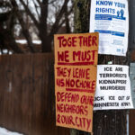 Defend our Neighbors & Our City, Minneapolis 1 Handwritten and printed protest signs taped to a utility pole. One cardboard sign reads, “Together we must — they leave us no choice — defend our neighbors & our city.” A printed flyer above says “Know Your Rights.” Another printed sign reads, “ICE are terrorists, kidnappers, murderers. Kick ICE out of Minnesota now!”