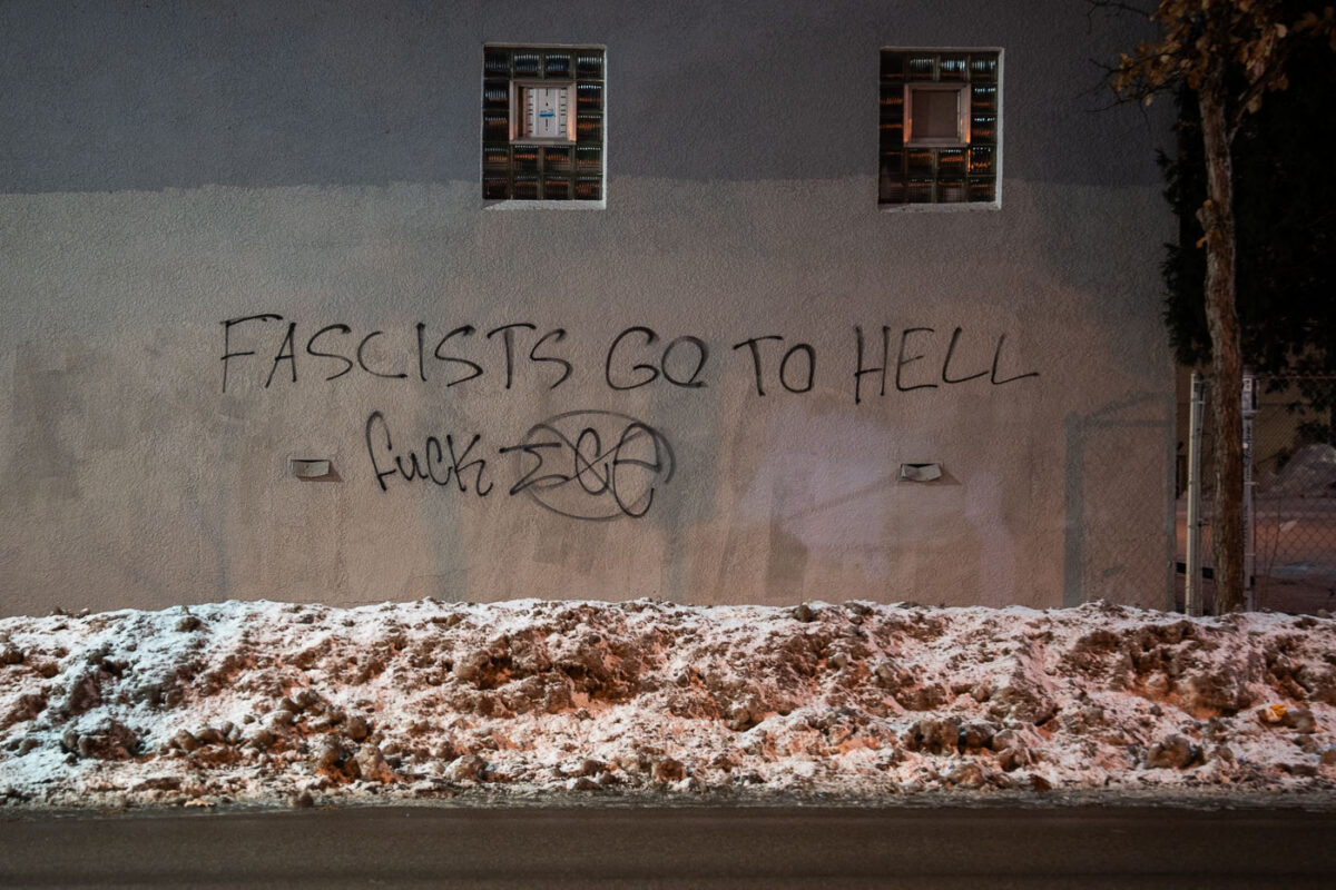 Graffiti seen on Lake Street in Minneapolis following the killing of Renee Good by an ICE agent.