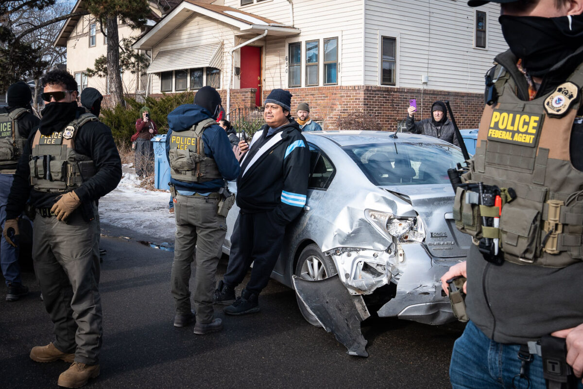 Federal agents ram a man's vehicle and demand identification at Park Avenue and 35th Street in Minneapolis on January 12, 2026. The Latino man says he was let go once they realized he was a US citizen. While doing so, a crowd as well as more officers continued to arrive before releasing tear gas and pepper spraying members of the media and their cameras.Park and 35th Street is 2 blocks away from where ICE agents shot and killed Renee Good on January 7, 2026.