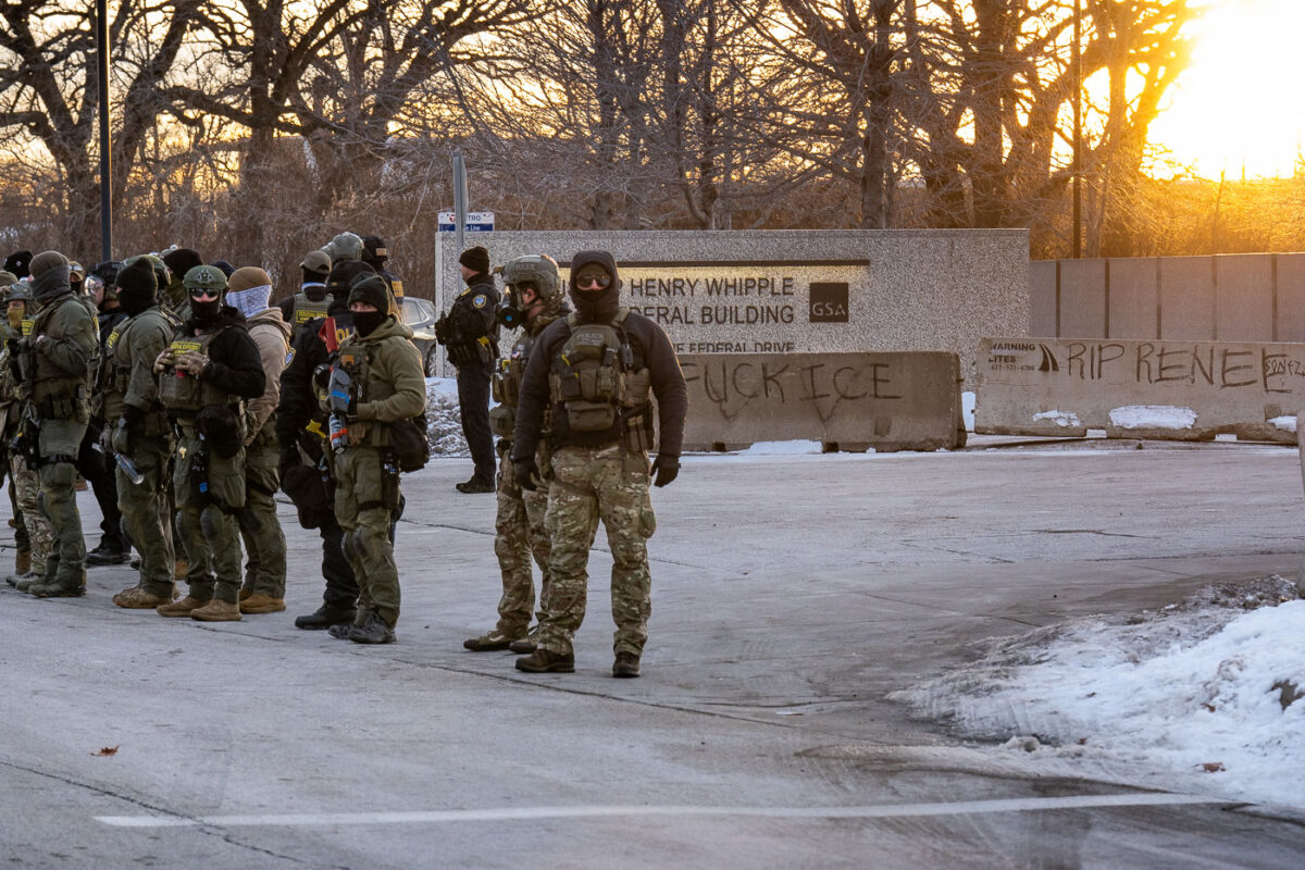 Protests continue outside the Whipple federal building just outside of Minneapolis where today the facility is being guarded by United States Bureau of Prisons. Previously, this was the United States Border Patrol.