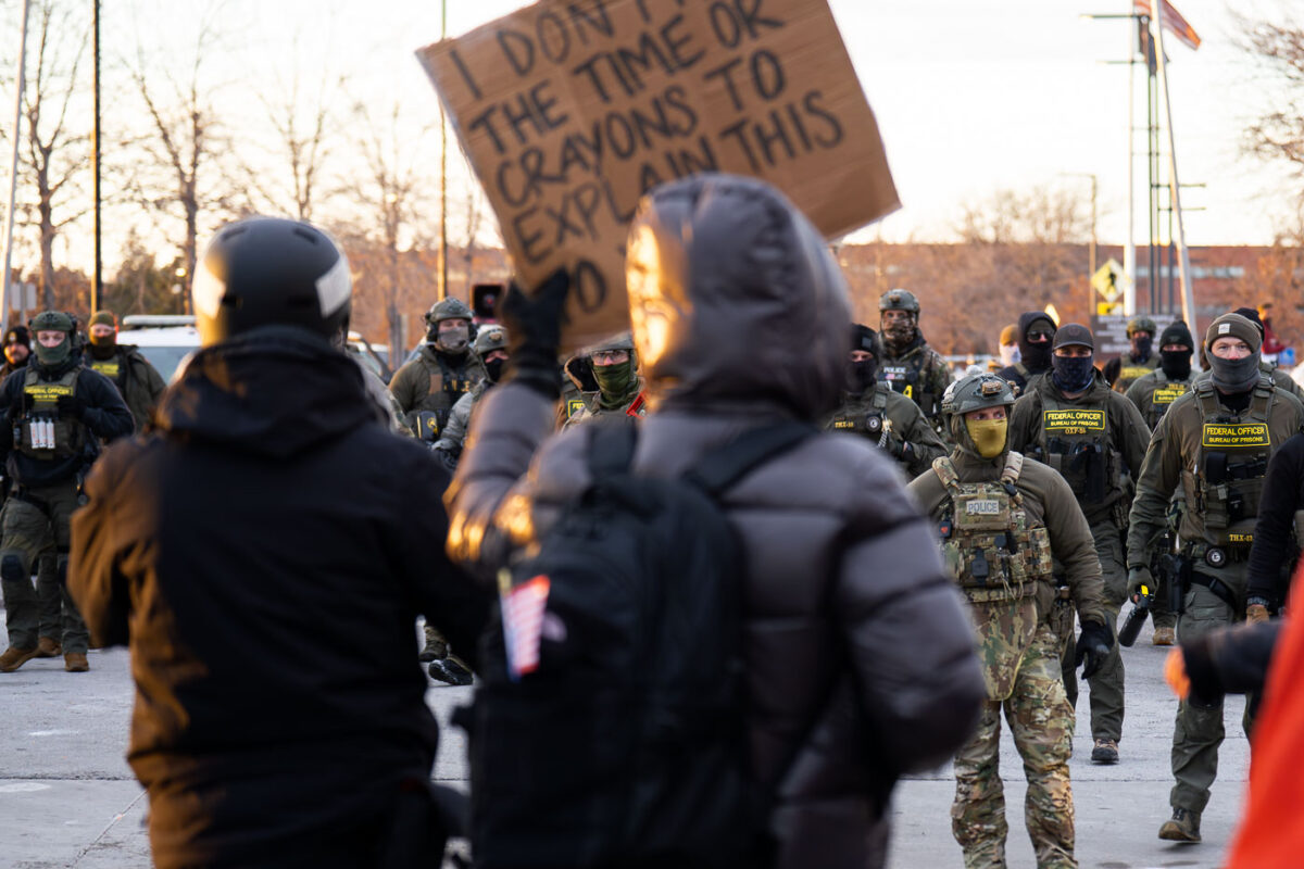 Protests continue outside the Whipple federal building just outside of Minneapolis where today the facility is being guarded by United States Bureau of Prisons. Previously, this was the United States Border Patrol.