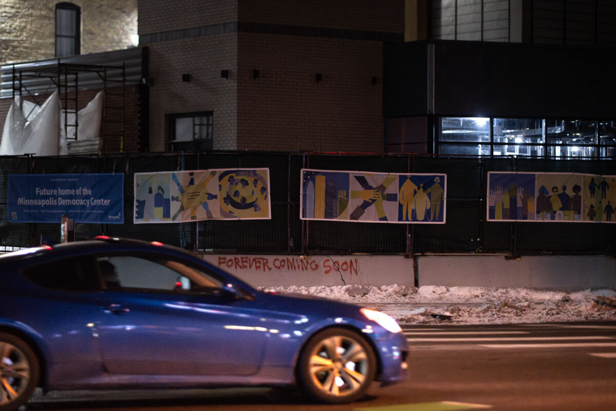 Graffiti on the Minneapolis police 3rd precinct police station following the killing of Renee Good. This police station was burned by protesters in May 2020.