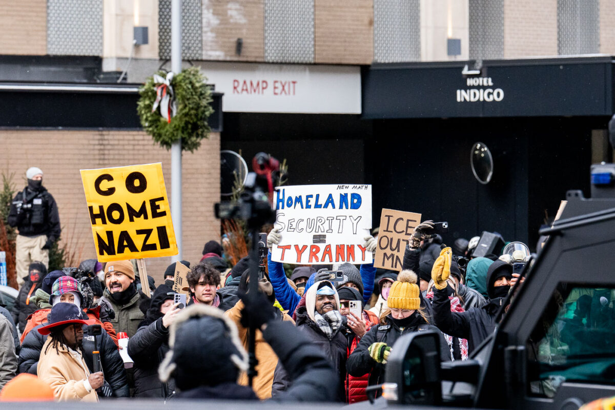 The scene outside the Minneapolis hotel Jake Lang was chased in and out of by counter protesters who chased him out of downtown.Minneapolis police showed up to clear the streets before moving on a short time later. Protesters continued marching on.