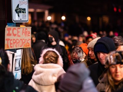 "ICE Are Terrorist" Sign at Renee Good Vigil in Minneapolis