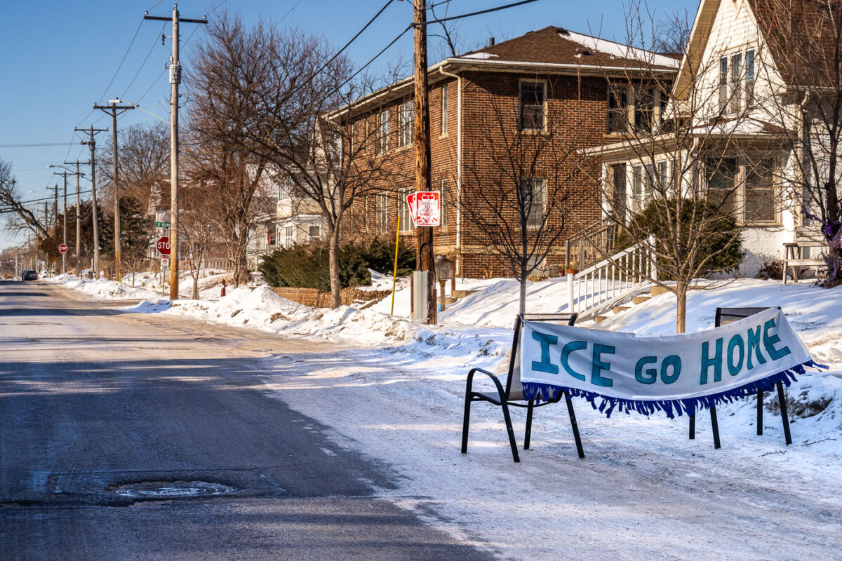 Traffic calming measures on a South Minneapolis street on January 28, 2026. ICE vehicles have increasingly been driving recklessly through these residential neighborhoods. Some people have placed small signs or barricades out to slow traffic while not obstructing the road.