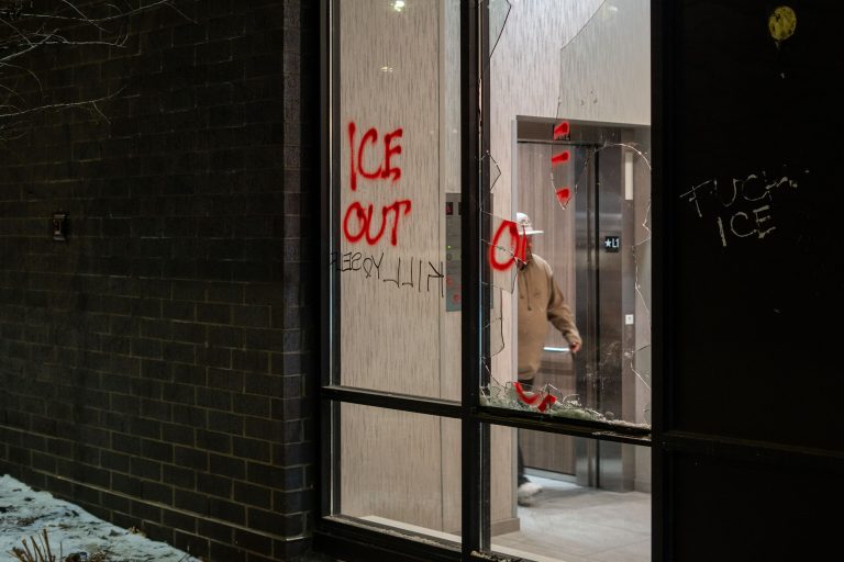 Minneapolis Hotel Vandalized During ICE Protest 3 Graffiti reading "ICE OUT" and "FUCK ICE" mars the vandalized exterior of the Home2 Suites Hilton in Minneapolis.