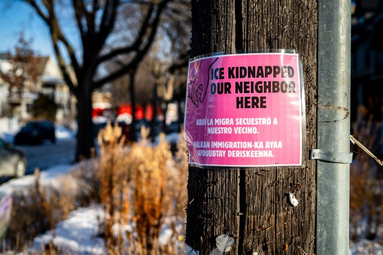 Minneapolis Flyer: ICE Kidnapped Our Neighbor Here 1 A flyer protesting ICE is posted on a utility pole in South Minneapolis.