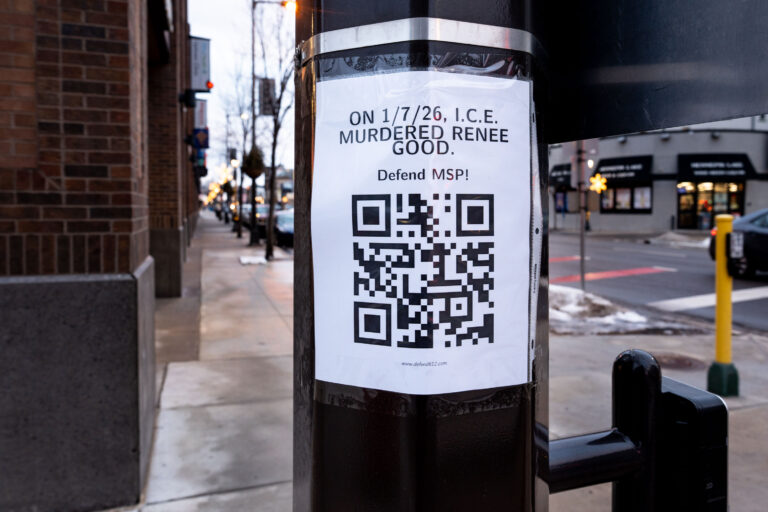 ICE Murdered Renee Good Protest Sign, Minneapolis 2 QR code on a Renee Good Flyer in Uptown Minneapolis