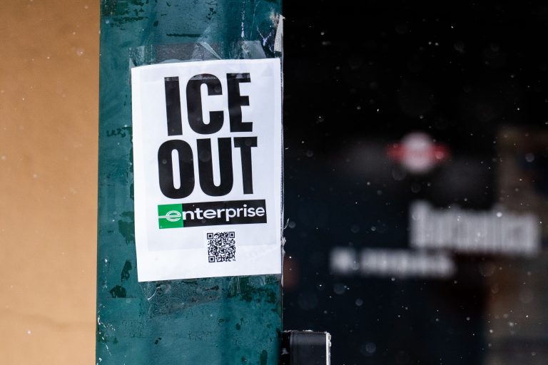 ICE OUT Enterprise Flyer Protest, Minneapolis 3 A flyer protesting ICE is posted on a utility pole in Minneapolis.