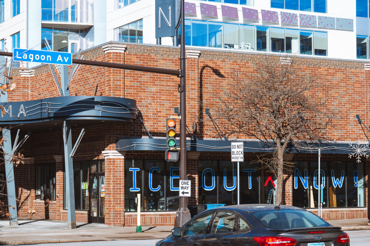 "ICE OUT NOW!" in the windows of the Landmark Lagoon Cinema.Uptown Minneapolis January 29, 2026