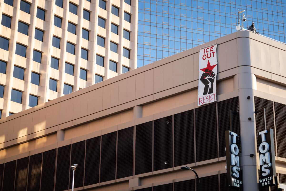 ICE OUT Protest Banner in Downtown Minneapolis