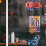 ICE OUT! Statewide Shutdown Sign, Minneapolis 4 A ICE OUT! Statewide Shutdown sign on a coffee shop window in Minneapolis.