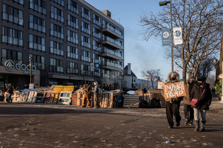 Impeach Trump, Nicollet Ave Minneapolis 4 Street barricades on Nicollet Ave after the shooting death of Alex Pretti. He was shot to death earlier in the day by Border Patrol officers. He is the second person shot and killed by federal agents in the last month in Minneapolis.
