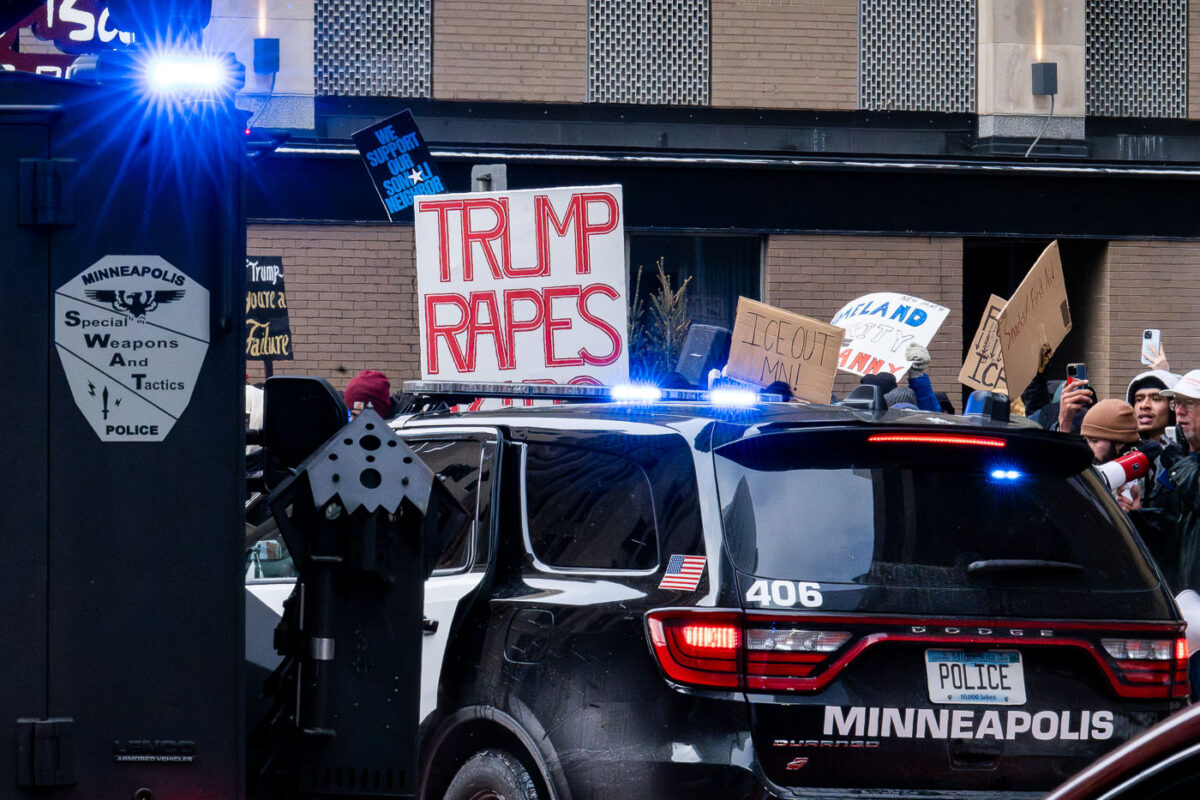The scene outside the Minneapolis hotel Jake Lang was chased in and out of by counter protesters who chased him out of downtown.Minneapolis police showed up to clear the streets before moving on a short time later. Protesters continued marching on.