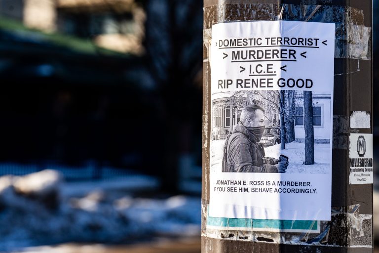 Minneapolis Flyer: ICE, Murderer, Renee Good, Jonathan Ross 1 Flyer on a utility pole in Minneapolis accuses Jonathan E. Ross of murder and ties him to ICE.