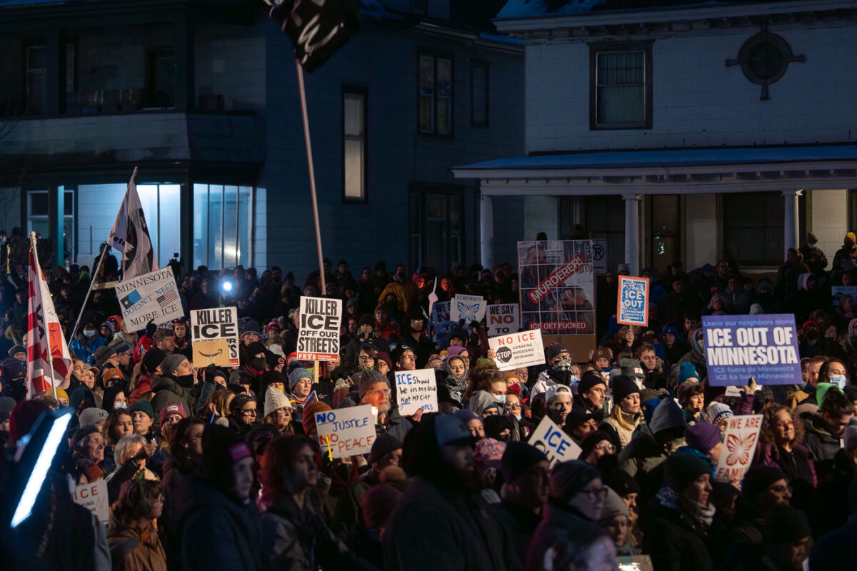 Large vigil for Renee Good in South Minneapolis. Good, who was observing ICE actions, was killed by an ICE agent earlier in the day.