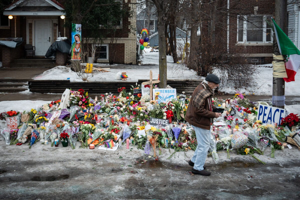 Memorial for Renee Good on Portland Ave In Minneapolis. The Star Tribune has identified the ICE agent who shot and killed Good as Jonathan Ross.