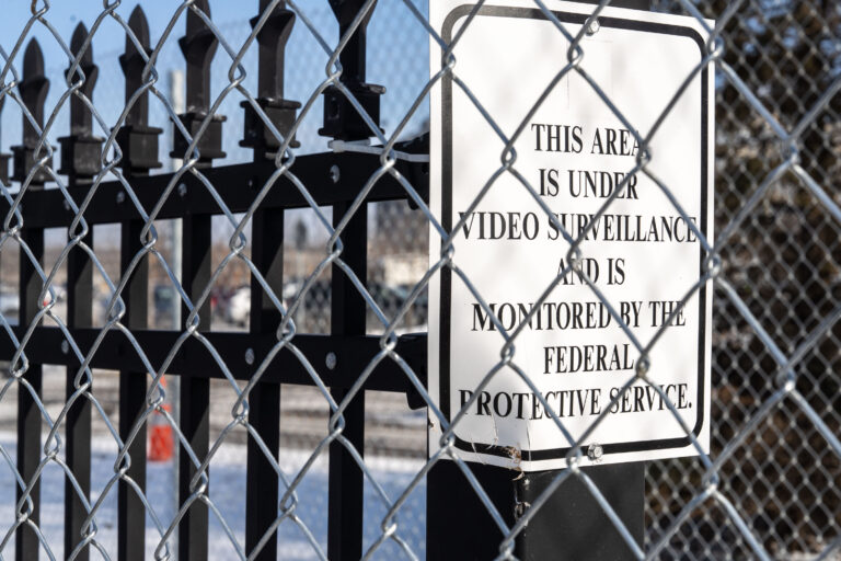 Minneapolis Whipple Building: Federal Protective Service Surveillance 2 Sign at Minneapolis Whipple Building states "THIS AREA IS UNDER VIDEO SURVEILLANCE AND IS MONITORED BY THE FEDERAL PROTECTIVE SERVICE."