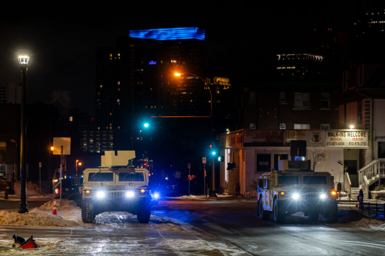 Minnesota National Guard in a bike lane 4 The Minnesota National Guard parks their vehicle in a bike lane in Minneapolis on January 24, 2026. The National Guard was deployed following the shooting death of Alex Pretti by ICE agents earlier in the day.