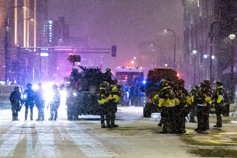 Minnesota State Patrol in the snow at ICE Protest 1 State officers made about 15-20 arrests in downtown Minneapolis following a "noise demo" at what protesters believe is a hotel ICE agents are staying at.