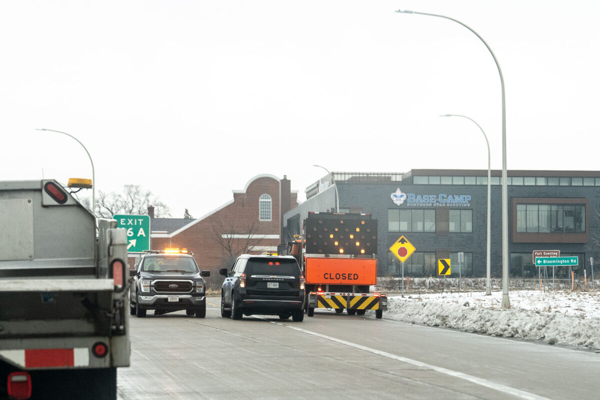 MNDOT closing the exists around the Whipple Federal Building near Minneapolis. The building is where federal agents are using as a "basecamp" for their operations in Minnesota. Protests have gathered after an ICE Agent killed Renne Good the day before.: