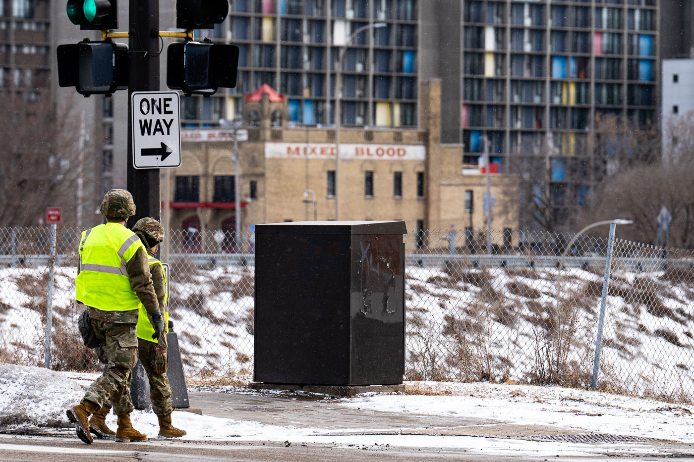 National Guard walks on Washington Ave January 2026 Minneapolis