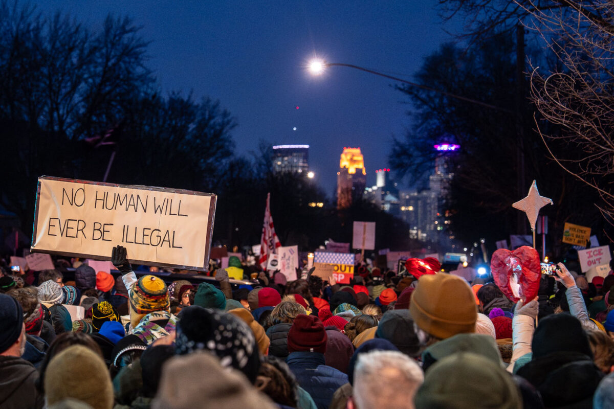 Large vigil for Renee Good in South Minneapolis. Good, who was observing ICE actions, was killed by an ICE agent earlier in the day.