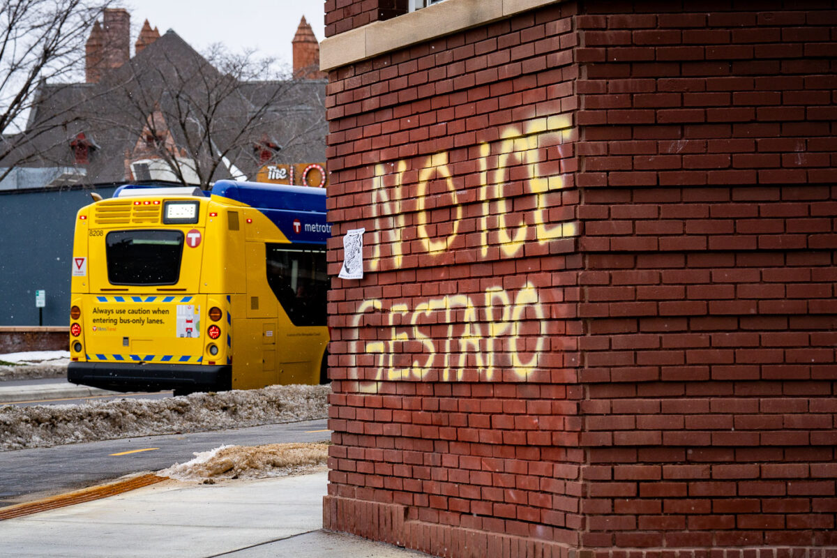 Graffiti on Hennepion Avenue in Minneapolis that reads "NO ICE GESTAPO". Seen on January 16, 2026.
