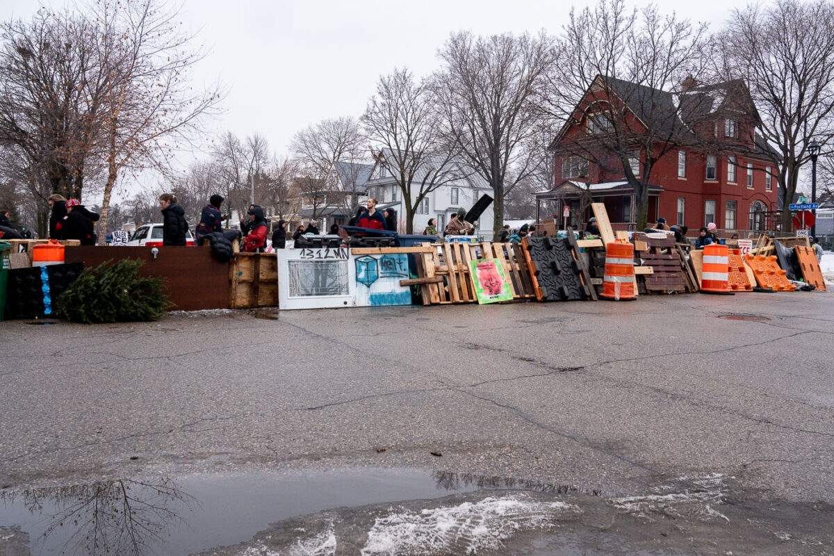 Street barricades on Portland Avenue where Renee Good was killed by an ICE agent the day before.