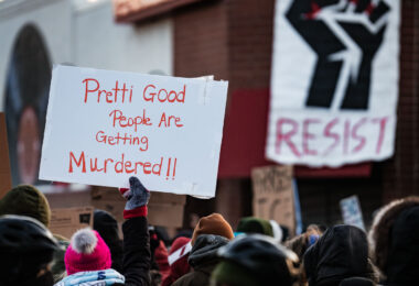 "Pretti Good People Are Getting Murdered!!" protest sign outside a memorial for Alex Pretti, who was shot and killed by an ICE agent this morning in Minneapolis. This comes after Renee Good was shot and killed by an ICE agent earlier in the month.