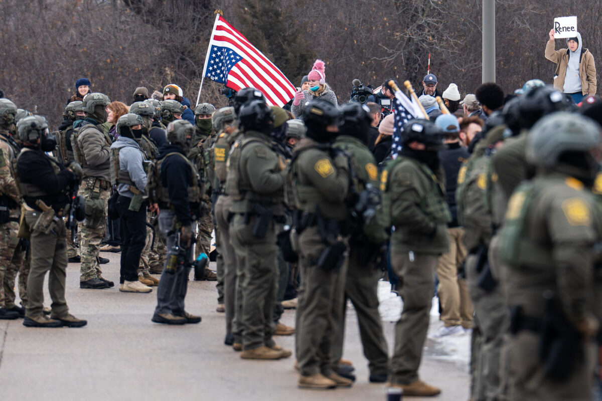 Protesters outside the Whipple building near Minneapolis. This comes a day after an ICE Agent shot and killed Renee Good.