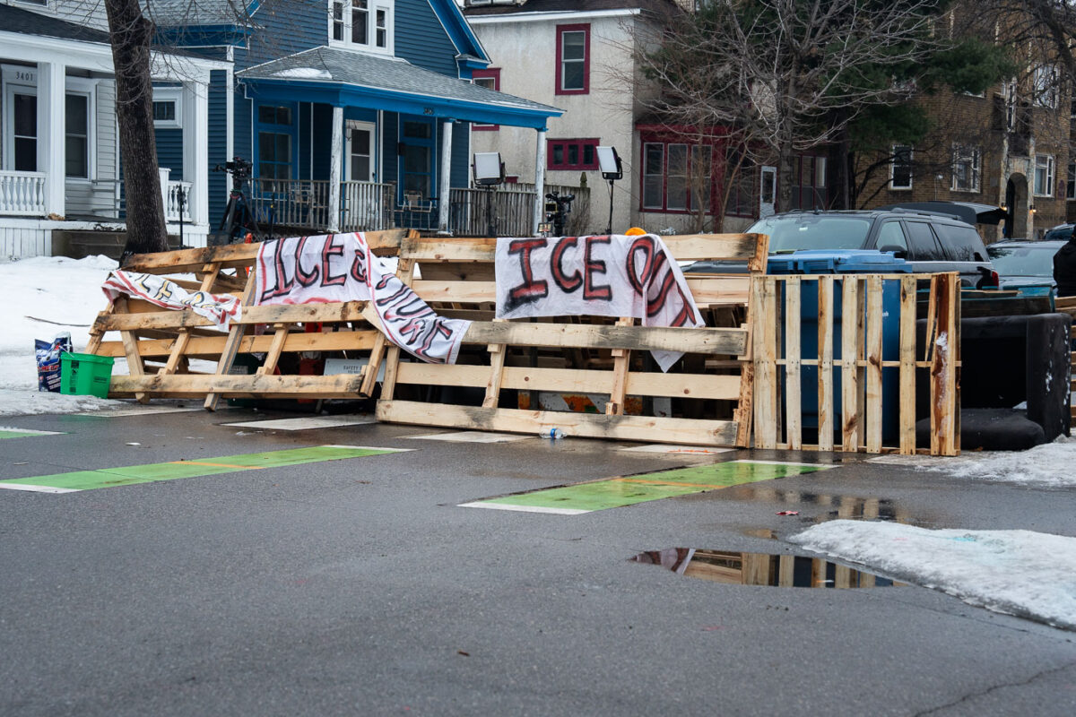 Street barricades on Portland Avenue where the Renee Good Memorial is.