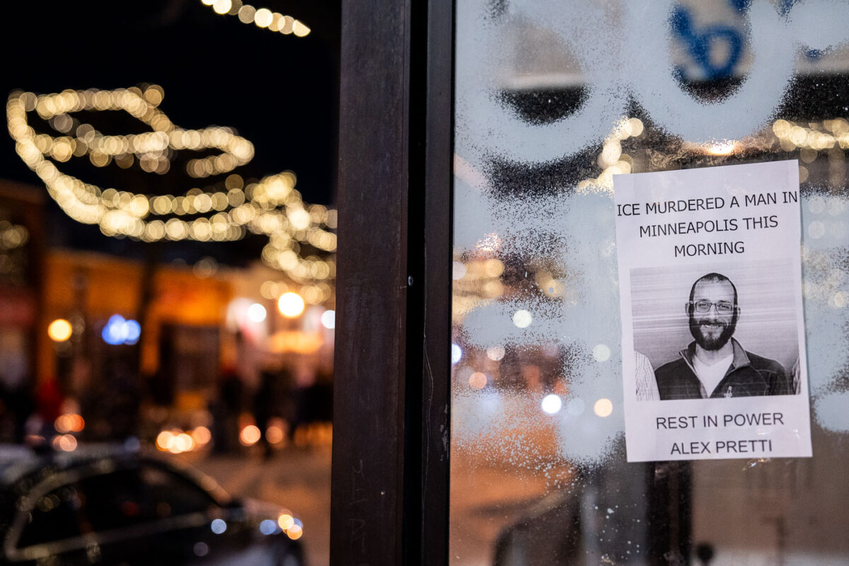 A flyer reading "Ice murdered a man in Minneapolis this morning. Rest in power Alex Pretti".