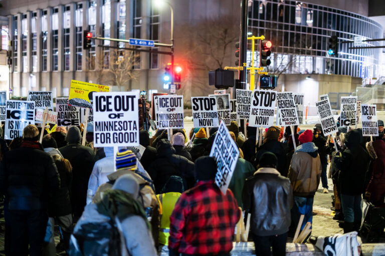 Stop Ice Terror Now Protest Signs 1 Protesters in downtown Minneapolis on the day Greg Bovino was reportedly set to leave. They are furthering their call for a general strike on January 30th.