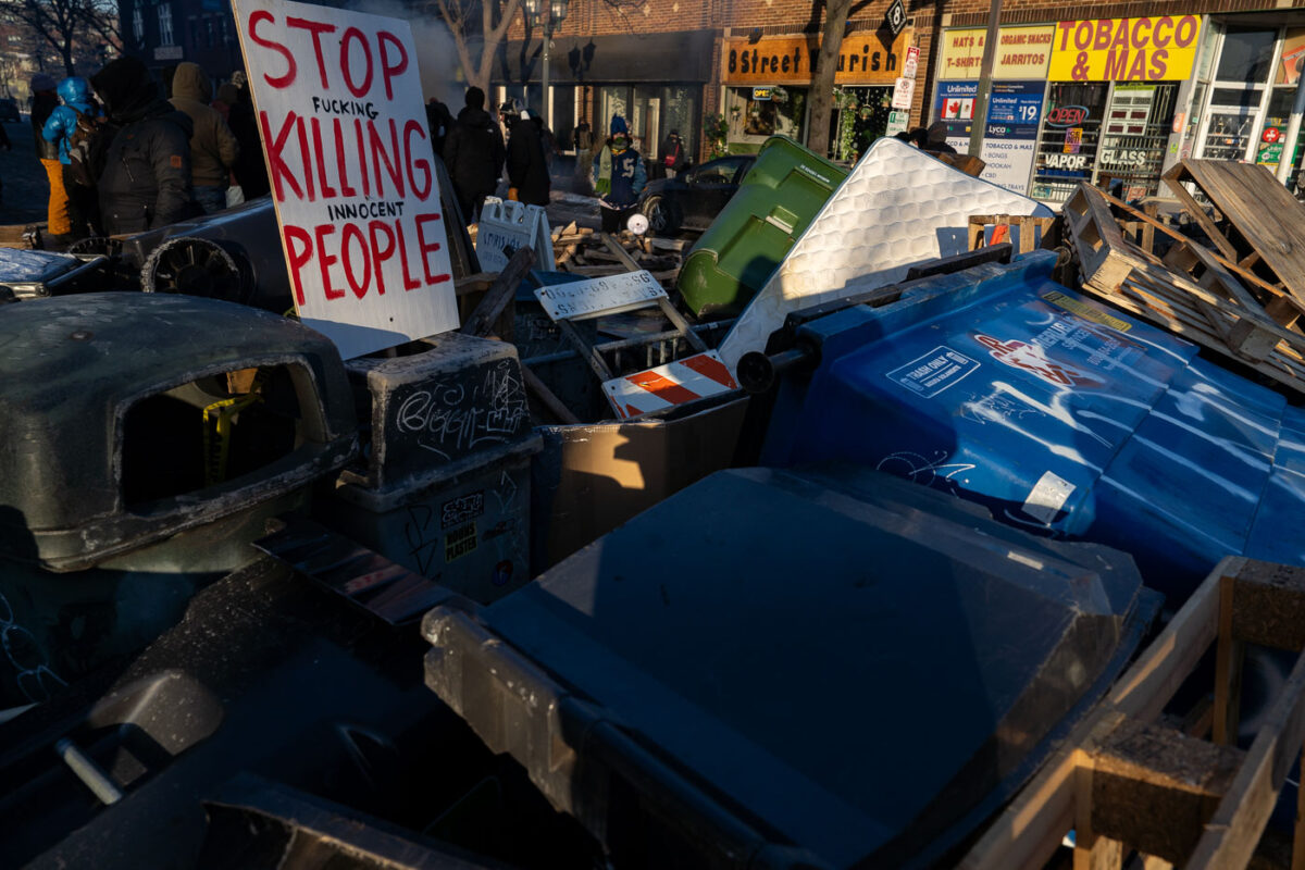 Street barricades on Nicollet Avenue following the ICE agent killing of Alex Pretty in Minneapolis on January 24, 2026.